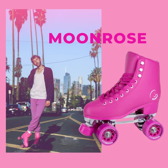 Person roller skating with pink roller skates on a pink background, featuring the brand 'MOONROSE'.