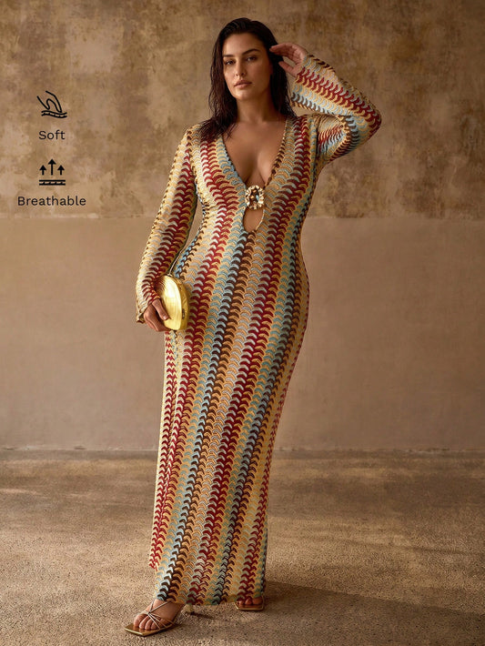 MOTF PREMIUM PLUS SIZE WOMEN'S DEEP V-NECK METAL DECOR FLARE SLEEVE BOHEMIAN ELEGANT BEACH COVER UP DRESS, MULTI-COLOR STRIPED TEXTURE