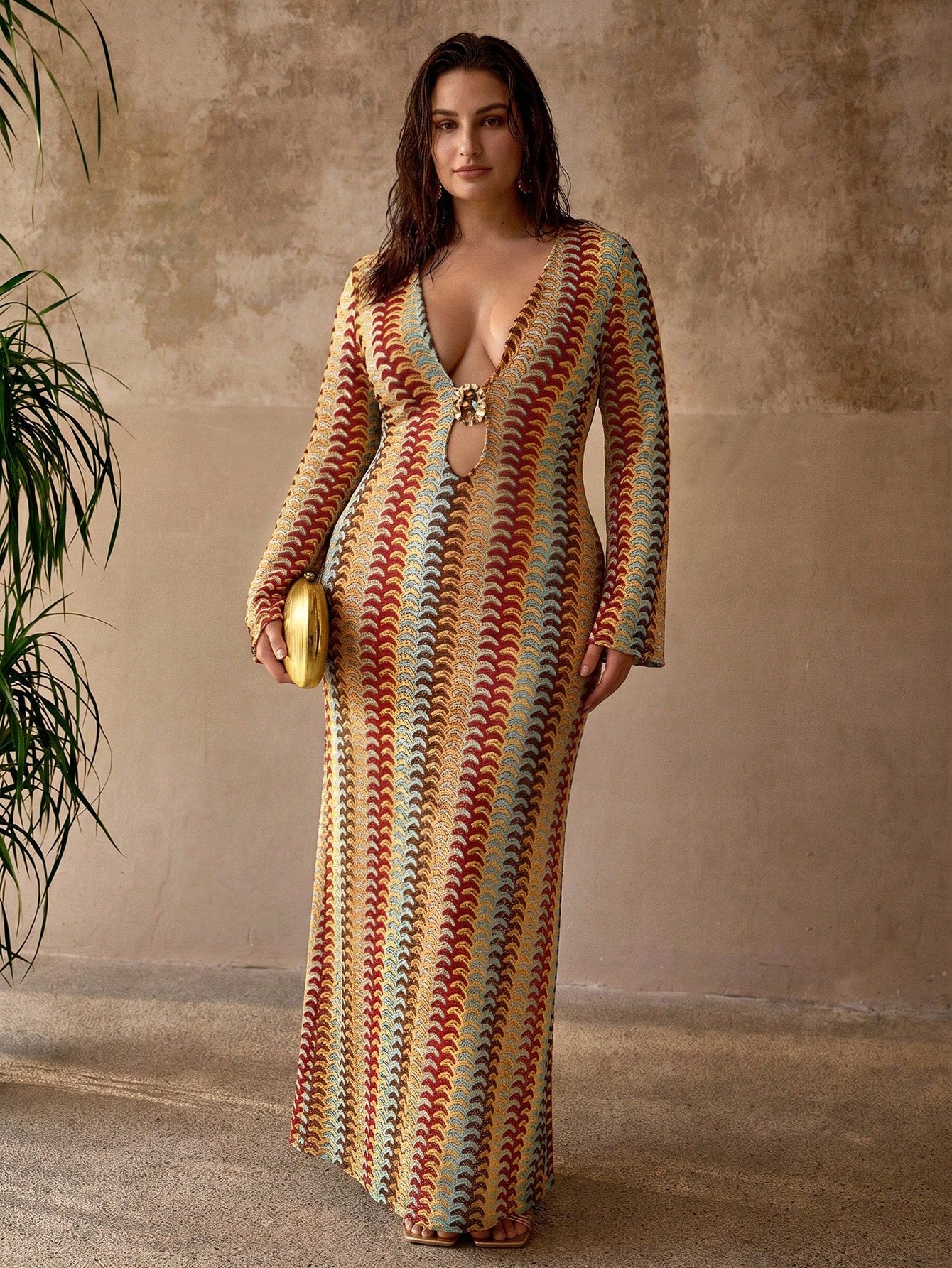 MOTF PREMIUM PLUS SIZE WOMEN'S DEEP V-NECK METAL DECOR FLARE SLEEVE BOHEMIAN ELEGANT BEACH COVER UP DRESS, MULTI-COLOR STRIPED TEXTURE