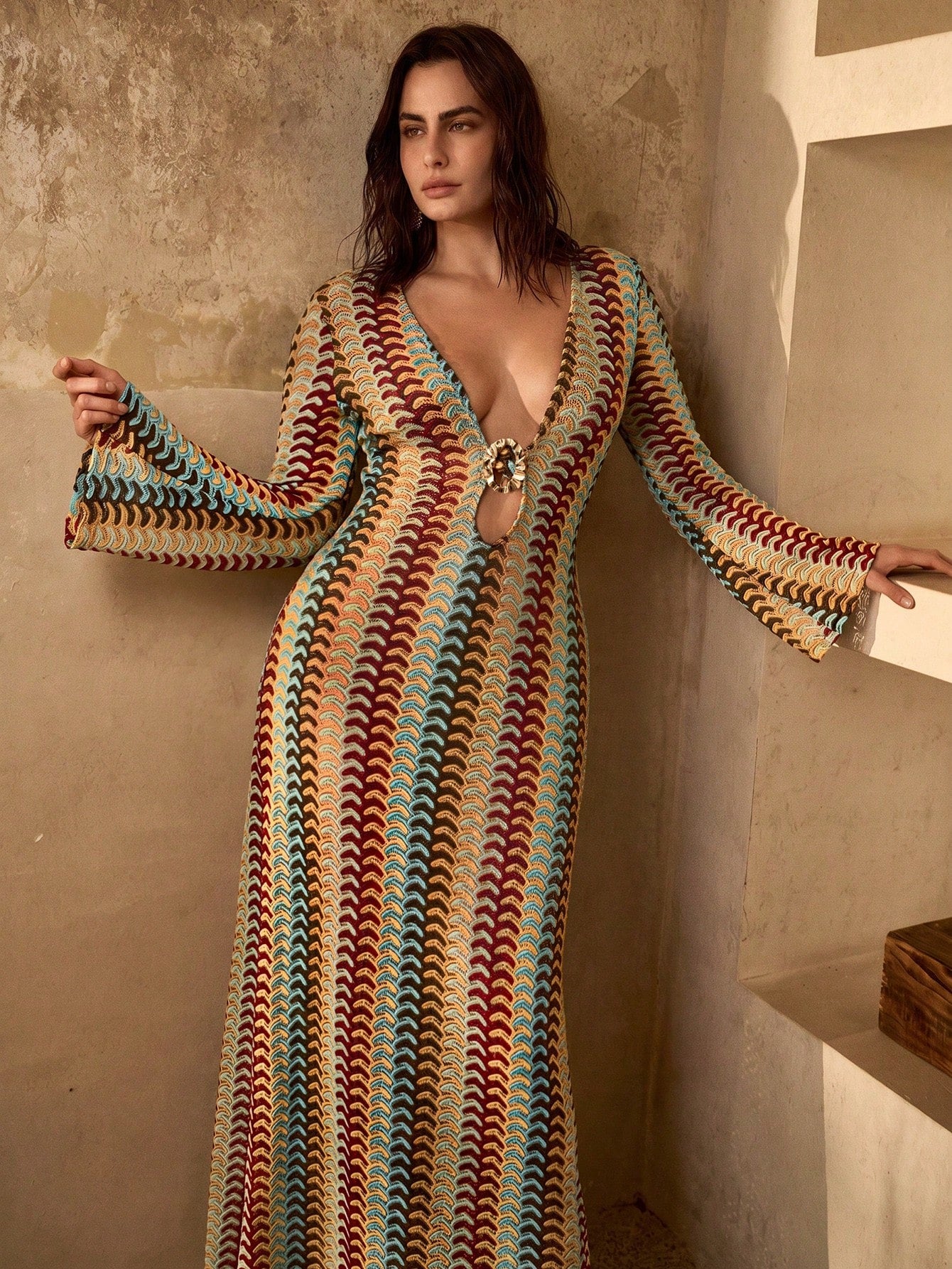 MOTF PREMIUM PLUS SIZE WOMEN'S DEEP V-NECK METAL DECOR FLARE SLEEVE BOHEMIAN ELEGANT BEACH COVER UP DRESS, MULTI-COLOR STRIPED TEXTURE