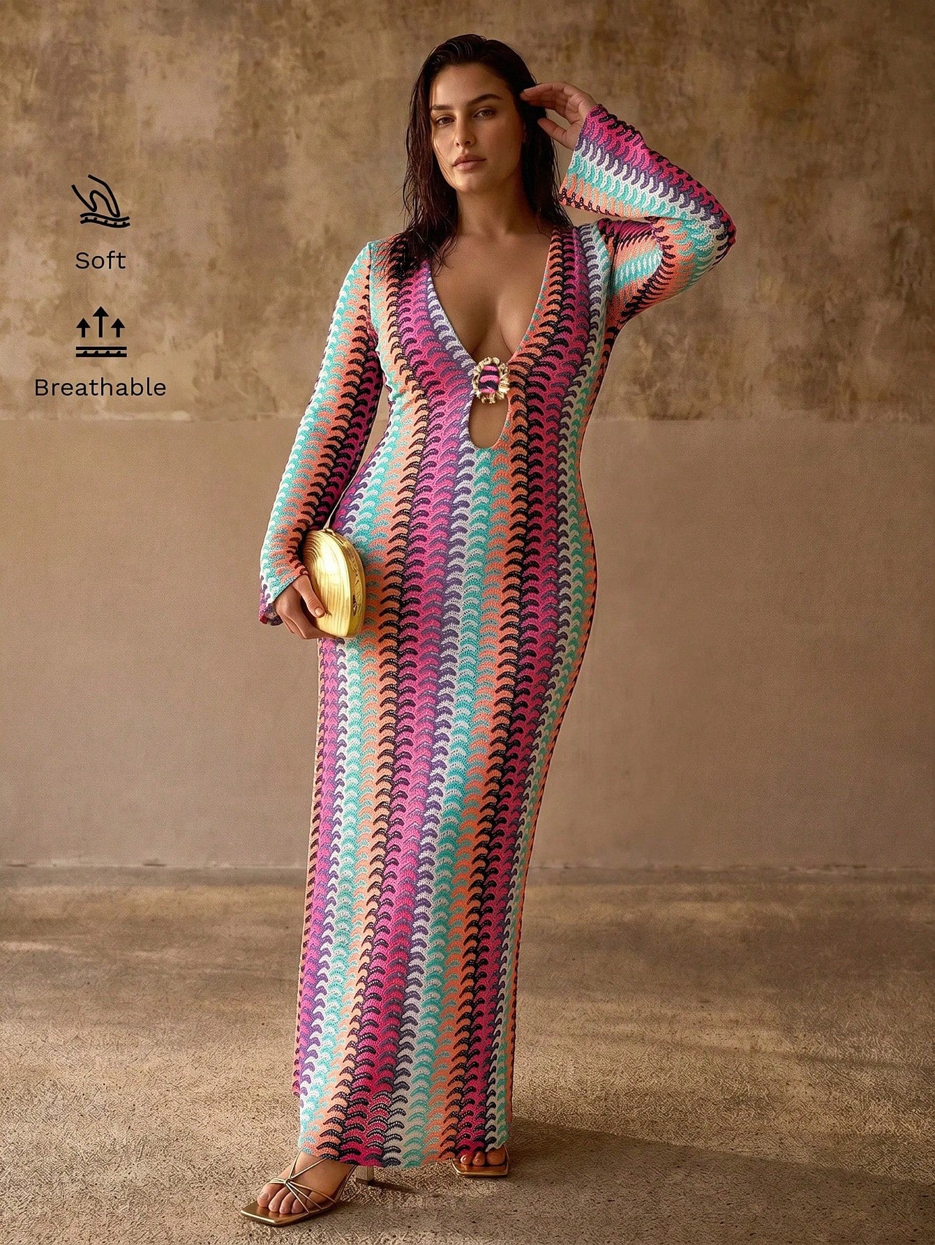 MOTF PREMIUM PLUS SIZE WOMEN'S DEEP V-NECK METAL DECOR FLARE SLEEVE BOHEMIAN ELEGANT BEACH COVER UP DRESS, MULTI-COLOR STRIPED TEXTURE
