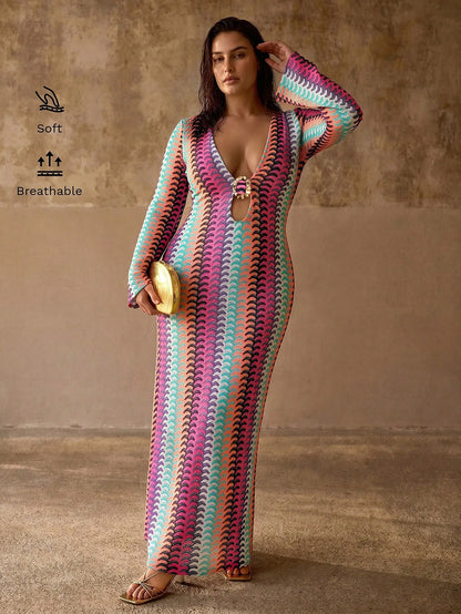 MOTF PREMIUM PLUS SIZE WOMEN'S DEEP V-NECK METAL DECOR FLARE SLEEVE BOHEMIAN ELEGANT BEACH COVER UP DRESS, MULTI-COLOR STRIPED TEXTURE