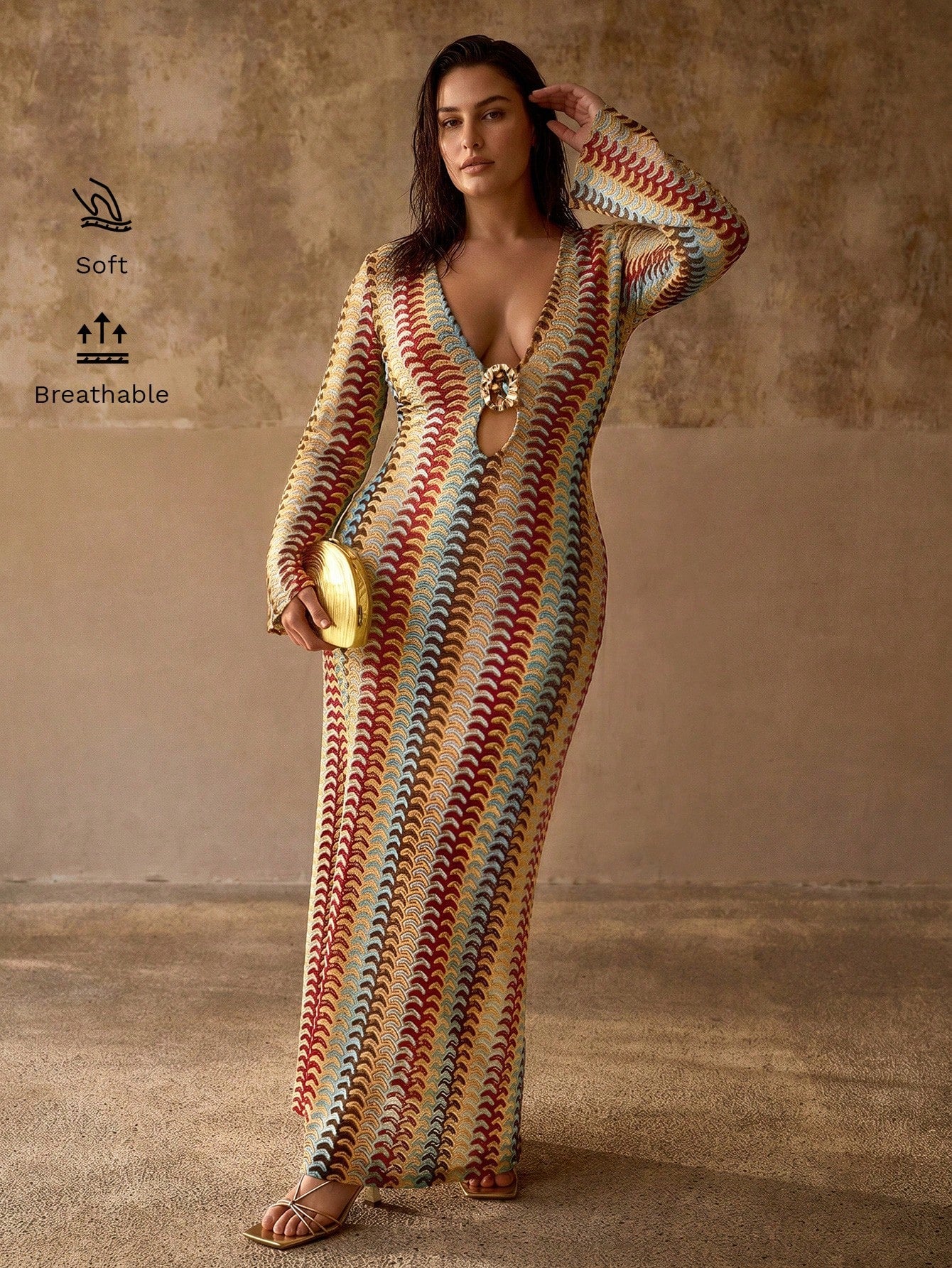 MOTF PREMIUM PLUS SIZE WOMEN'S DEEP V-NECK METAL DECOR FLARE SLEEVE BOHEMIAN ELEGANT BEACH COVER UP DRESS, MULTI-COLOR STRIPED TEXTURE