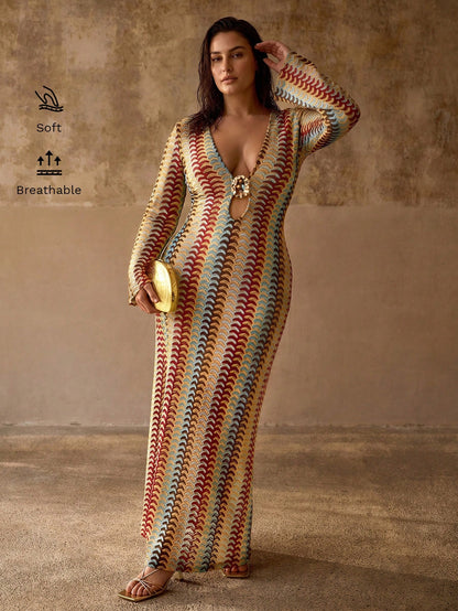 MOTF PREMIUM PLUS SIZE WOMEN'S DEEP V-NECK METAL DECOR FLARE SLEEVE BOHEMIAN ELEGANT BEACH COVER UP DRESS, MULTI-COLOR STRIPED TEXTURE