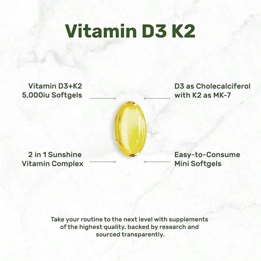 [Mother's Day Gift For Mom]Vitamin D3 5,000 + K2 MK7 Softgels, 250 Count| 2-In-1 Complex| Supports Heart, Bone, Teeth & Immune Health| Easy To Swallow