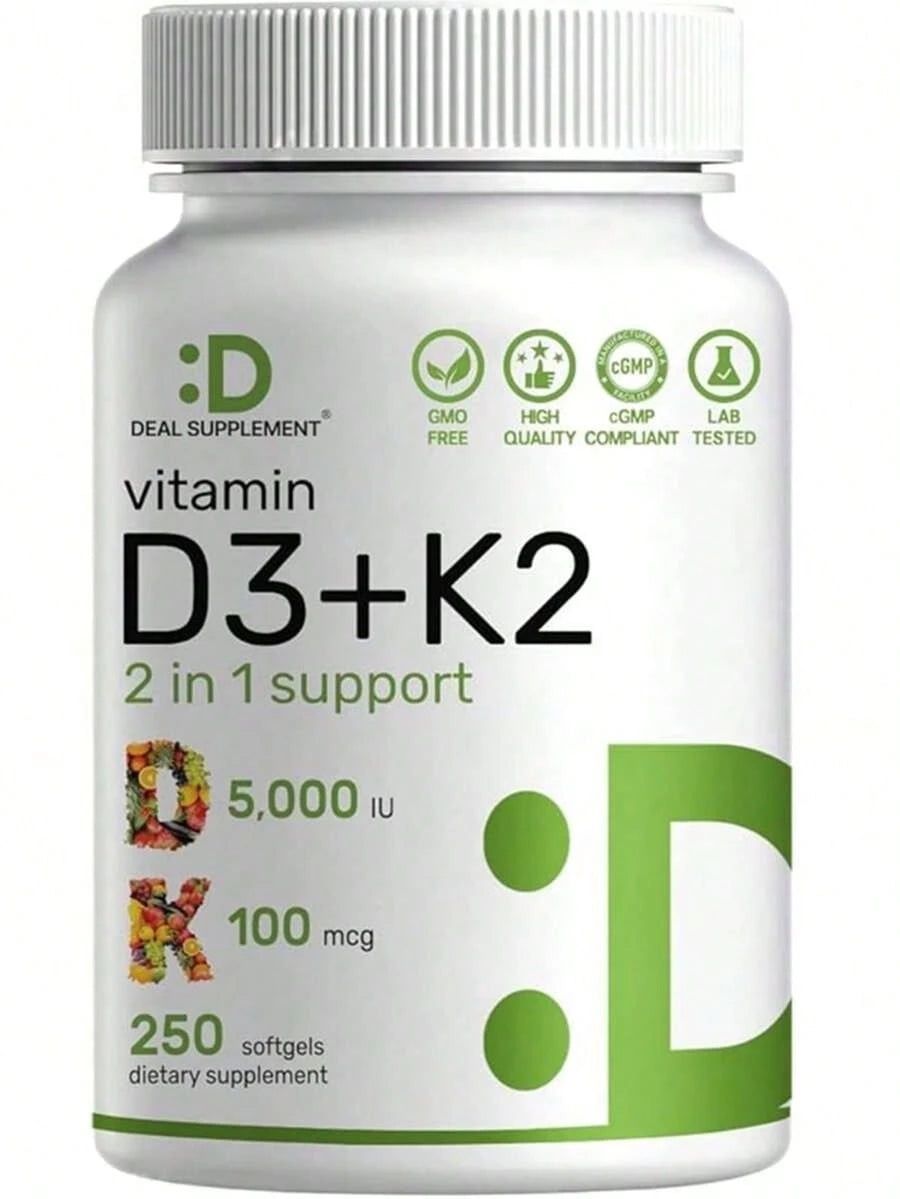 [Mother's Day Gift For Mom]Vitamin D3 5,000 + K2 MK7 Softgels, 250 Count| 2-In-1 Complex| Supports Heart, Bone, Teeth & Immune Health| Easy To Swallow