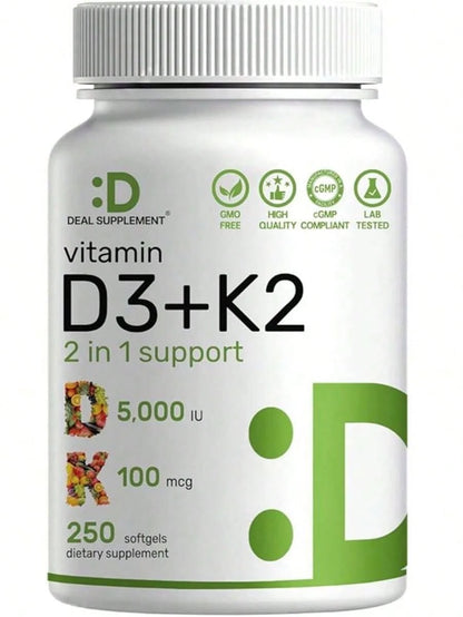 [Mother's Day Gift For Mom]Vitamin D3 5,000 + K2 MK7 Softgels, 250 Count| 2-In-1 Complex| Supports Heart, Bone, Teeth & Immune Health| Easy To Swallow