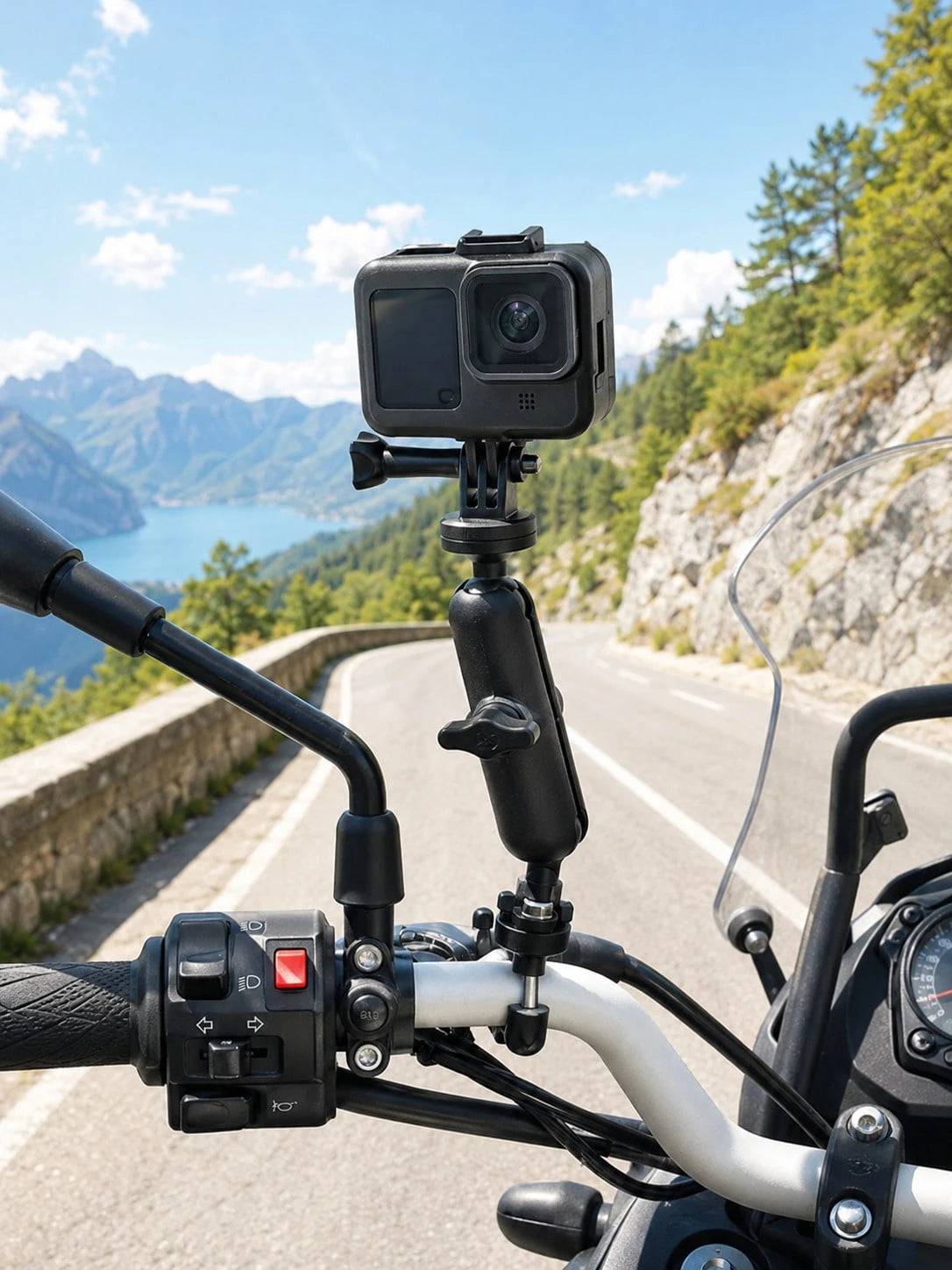 Motorcycle Action Camera Mount, 360° Rotating Handlebar Clamp Bracket With 1/4" Screw Ball Head Arm, Universal Adjustable Action Camera Mount, Suitable For Bicycle, Motorcycle, Scooter, ATV, UTV, Anti