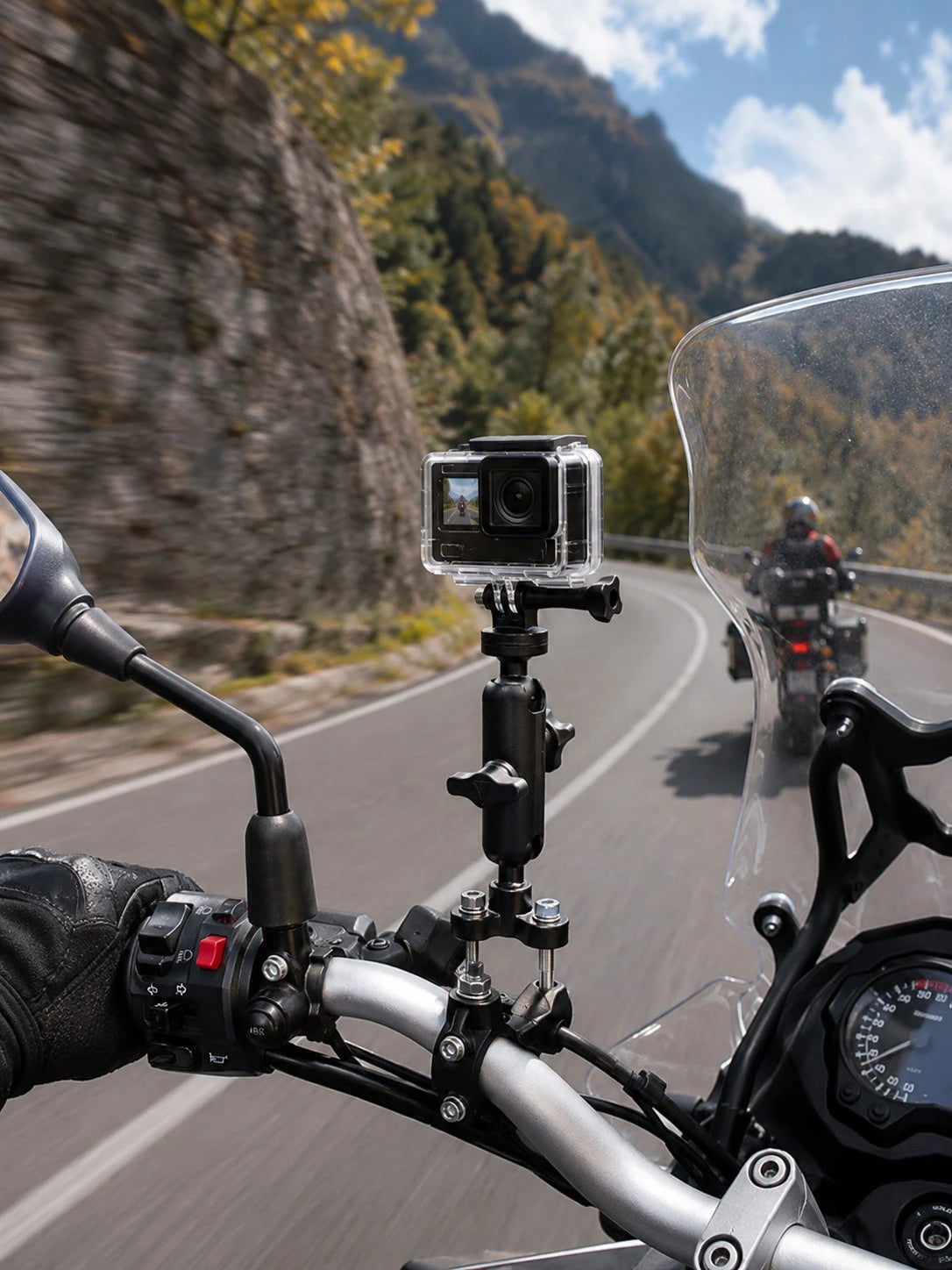 Motorcycle Action Camera Mount, 360° Rotating Handlebar Clamp Bracket With 1/4" Screw Ball Head Arm, Universal Adjustable Action Camera Mount, Suitable For Bicycle, Motorcycle, Scooter, ATV, UTV, Anti