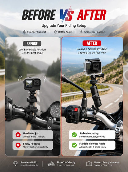 Motorcycle Action Camera Mount, 360° Rotating Handlebar Clamp Bracket With 1/4" Screw Ball Head Arm, Universal Adjustable Action Camera Mount, Suitable For Bicycle, Motorcycle, Scooter, ATV, UTV, Anti