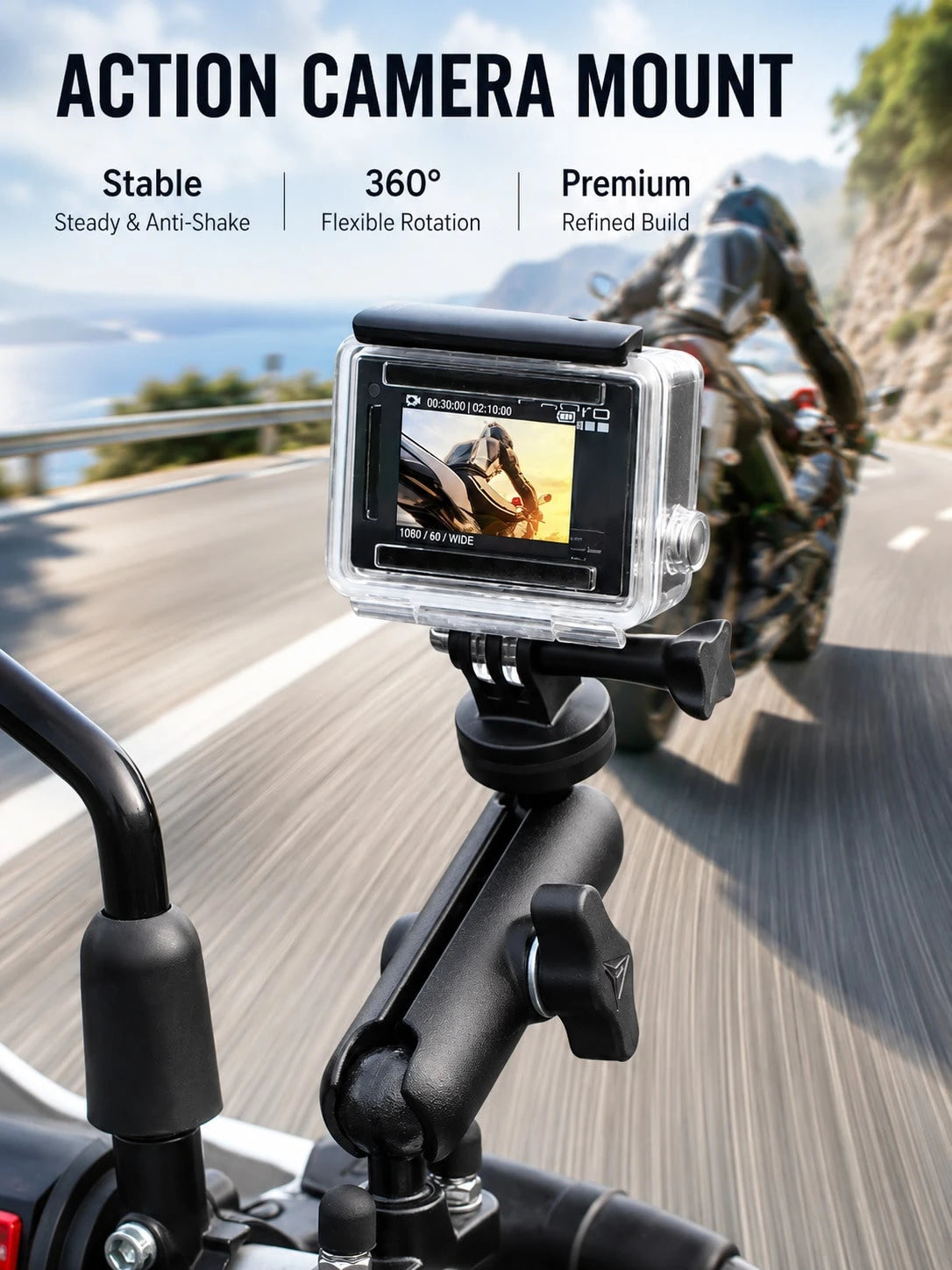 Motorcycle Action Camera Mount, 360° Rotating Handlebar Clamp Bracket With 1/4" Screw Ball Head Arm, Universal Adjustable Action Camera Mount, Suitable For Bicycle, Motorcycle, Scooter, ATV, UTV, Anti