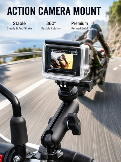 Motorcycle Action Camera Mount, 360° Rotating Handlebar Clamp Bracket With 1/4" Screw Ball Head Arm, Universal Adjustable Action Camera Mount, Suitable For Bicycle, Motorcycle, Scooter, ATV, UTV, Anti