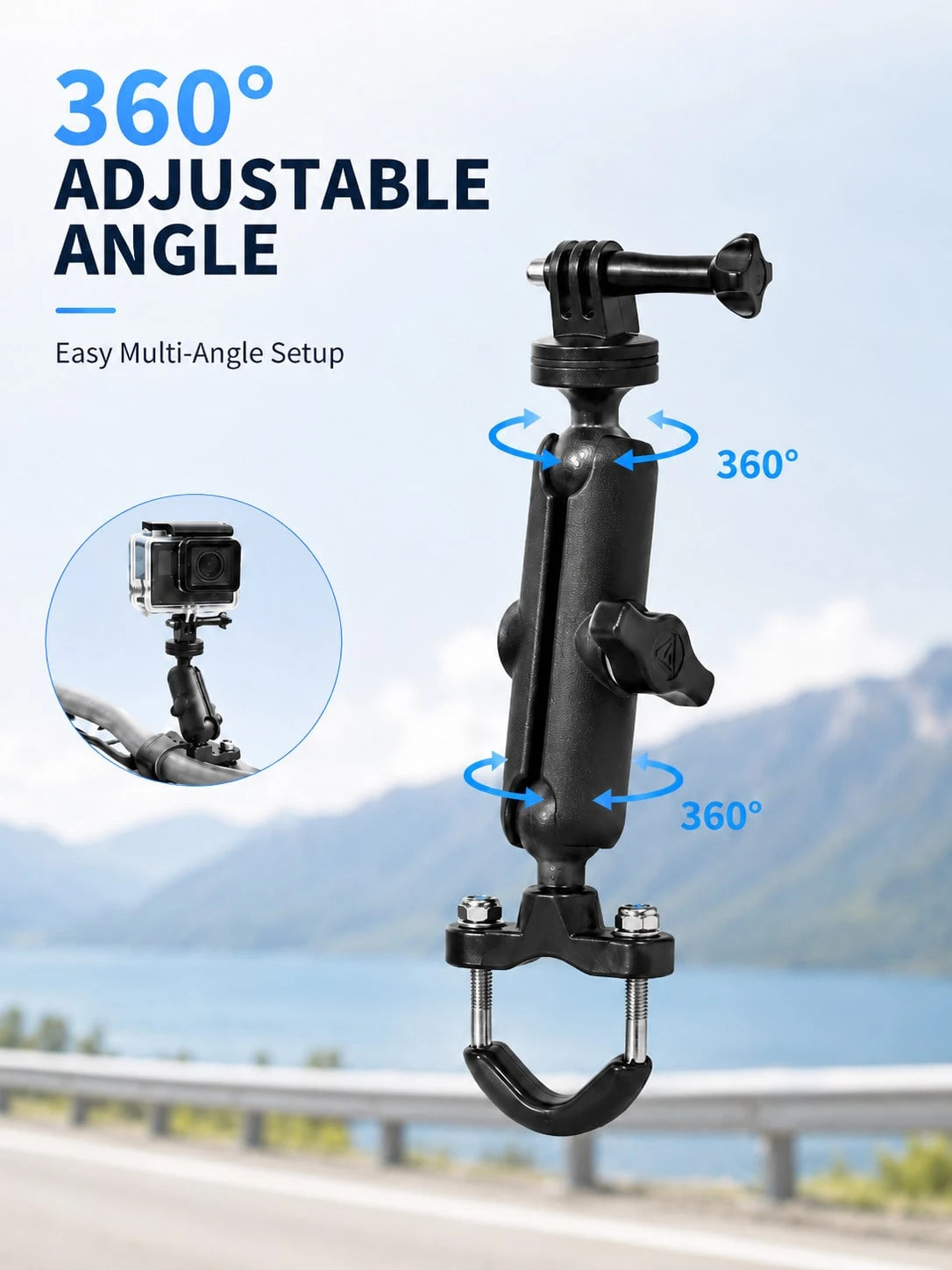 Motorcycle Action Camera Mount, 360° Rotating Handlebar Clamp Bracket With 1/4" Screw Ball Head Arm, Universal Adjustable Action Camera Mount, Suitable For Bicycle, Motorcycle, Scooter, ATV, UTV, Anti
