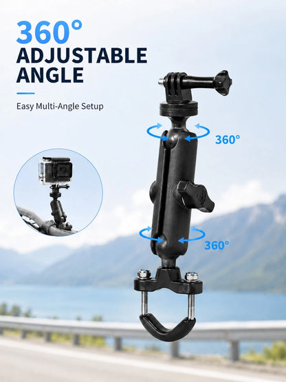 Motorcycle Action Camera Mount, 360° Rotating Handlebar Clamp Bracket With 1/4" Screw Ball Head Arm, Universal Adjustable Action Camera Mount, Suitable For Bicycle, Motorcycle, Scooter, ATV, UTV, Anti