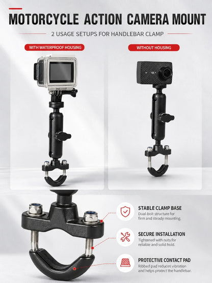 Motorcycle Action Camera Mount, 360° Rotating Handlebar Clamp Bracket With 1/4" Screw Ball Head Arm, Universal Adjustable Action Camera Mount, Suitable For Bicycle, Motorcycle, Scooter, ATV, UTV, Anti