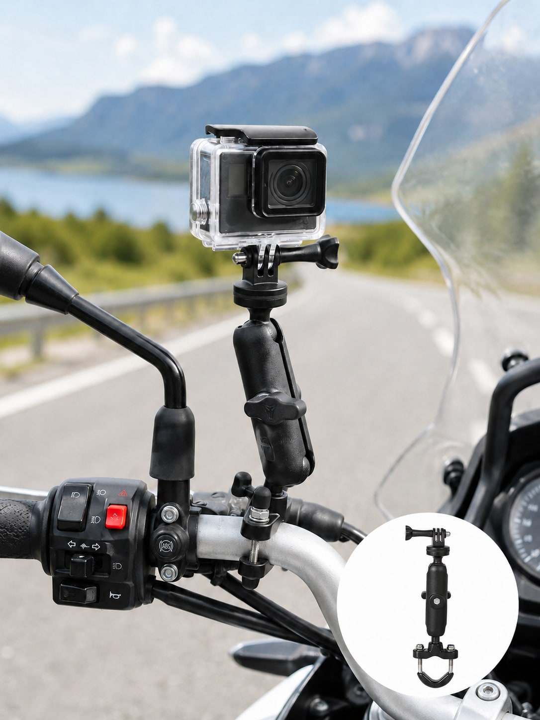 Motorcycle Action Camera Mount, 360° Rotating Handlebar Clamp Bracket With 1/4" Screw Ball Head Arm, Universal Adjustable Action Camera Mount, Suitable For Bicycle, Motorcycle, Scooter, ATV, UTV, Anti