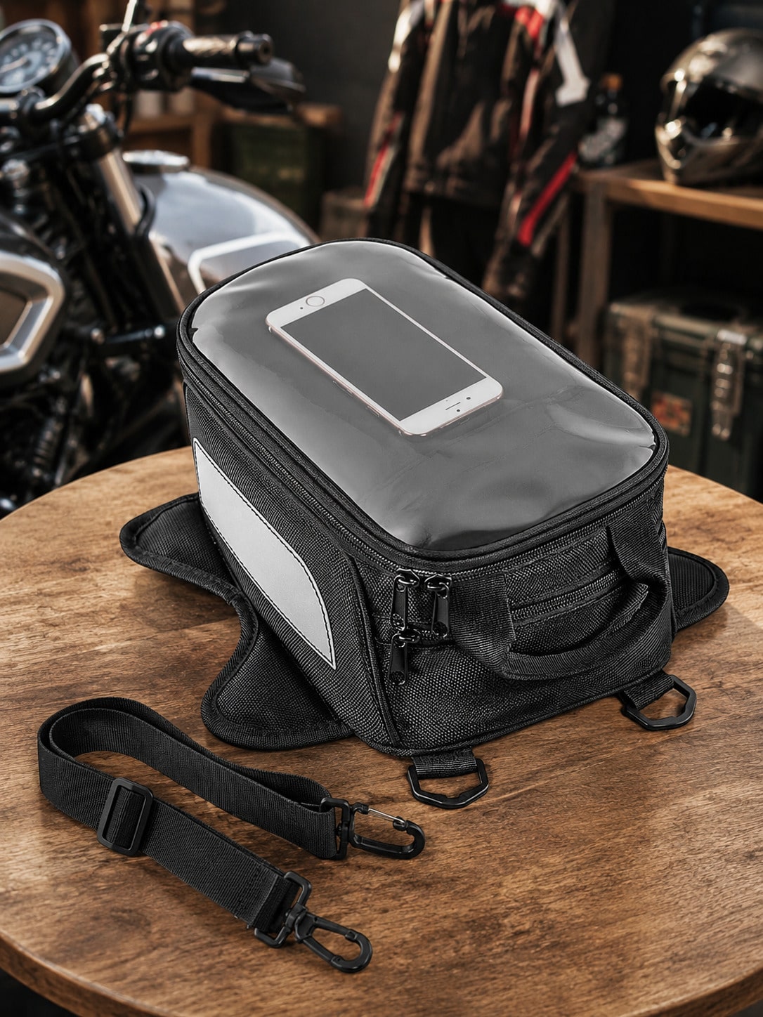 Motorcycle Tank Bag With Touch Screen Phone Pouch, Water Resistant Gas Fuel Oil Tank Bag With Clear Gps Navigation Window & Reflective Strip, Small Convertible Strap Mount Saddle Bag Backpack Shoulder