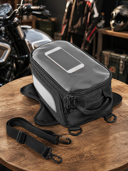 Motorcycle Tank Bag With Touch Screen Phone Pouch, Water Resistant Gas Fuel Oil Tank Bag With Clear Gps Navigation Window & Reflective Strip, Small Convertible Strap Mount Saddle Bag Backpack Shoulder