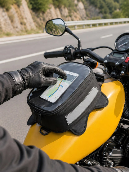 Motorcycle Tank Bag With Touch Screen Phone Pouch, Water Resistant Gas Fuel Oil Tank Bag With Clear Gps Navigation Window & Reflective Strip, Small Convertible Strap Mount Saddle Bag Backpack Shoulder