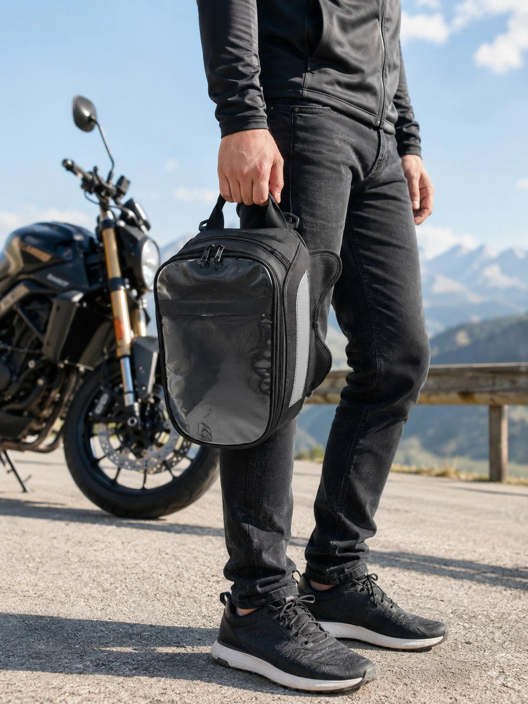 Motorcycle Tank Bag With Touch Screen Phone Pouch, Water Resistant Gas Fuel Oil Tank Bag With Clear Gps Navigation Window & Reflective Strip, Small Convertible Strap Mount Saddle Bag Backpack Shoulder