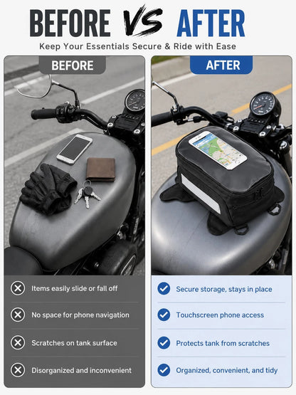 Motorcycle Tank Bag With Touch Screen Phone Pouch, Water Resistant Gas Fuel Oil Tank Bag With Clear Gps Navigation Window & Reflective Strip, Small Convertible Strap Mount Saddle Bag Backpack Shoulder