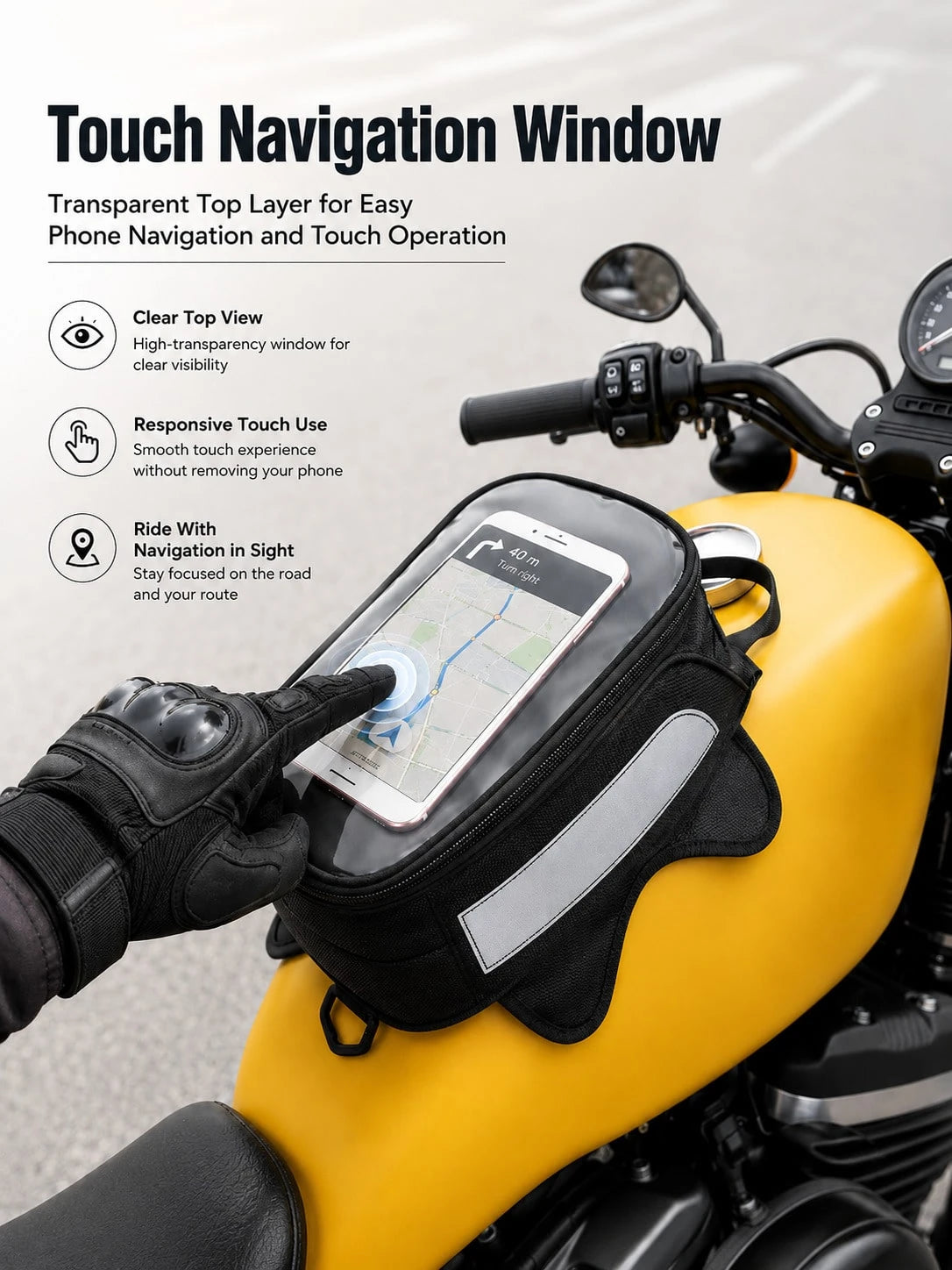 Motorcycle Tank Bag With Touch Screen Phone Pouch, Water Resistant Gas Fuel Oil Tank Bag With Clear Gps Navigation Window & Reflective Strip, Small Convertible Strap Mount Saddle Bag Backpack Shoulder