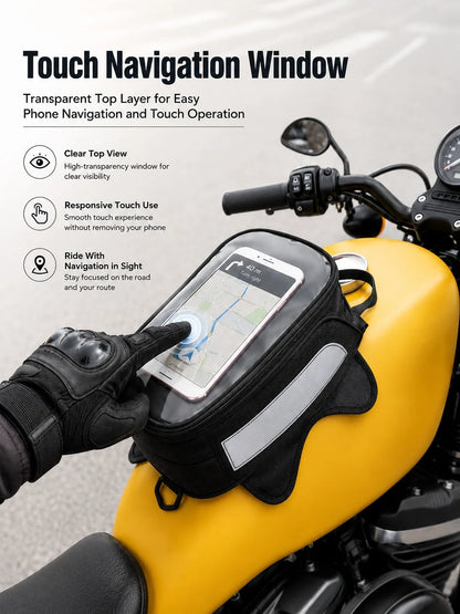 Motorcycle Tank Bag With Touch Screen Phone Pouch, Water Resistant Gas Fuel Oil Tank Bag With Clear Gps Navigation Window & Reflective Strip, Small Convertible Strap Mount Saddle Bag Backpack Shoulder