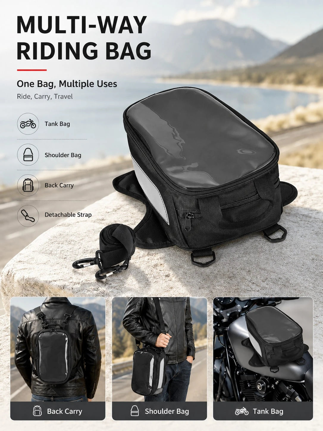 Motorcycle Tank Bag With Touch Screen Phone Pouch, Water Resistant Gas Fuel Oil Tank Bag With Clear Gps Navigation Window & Reflective Strip, Small Convertible Strap Mount Saddle Bag Backpack Shoulder