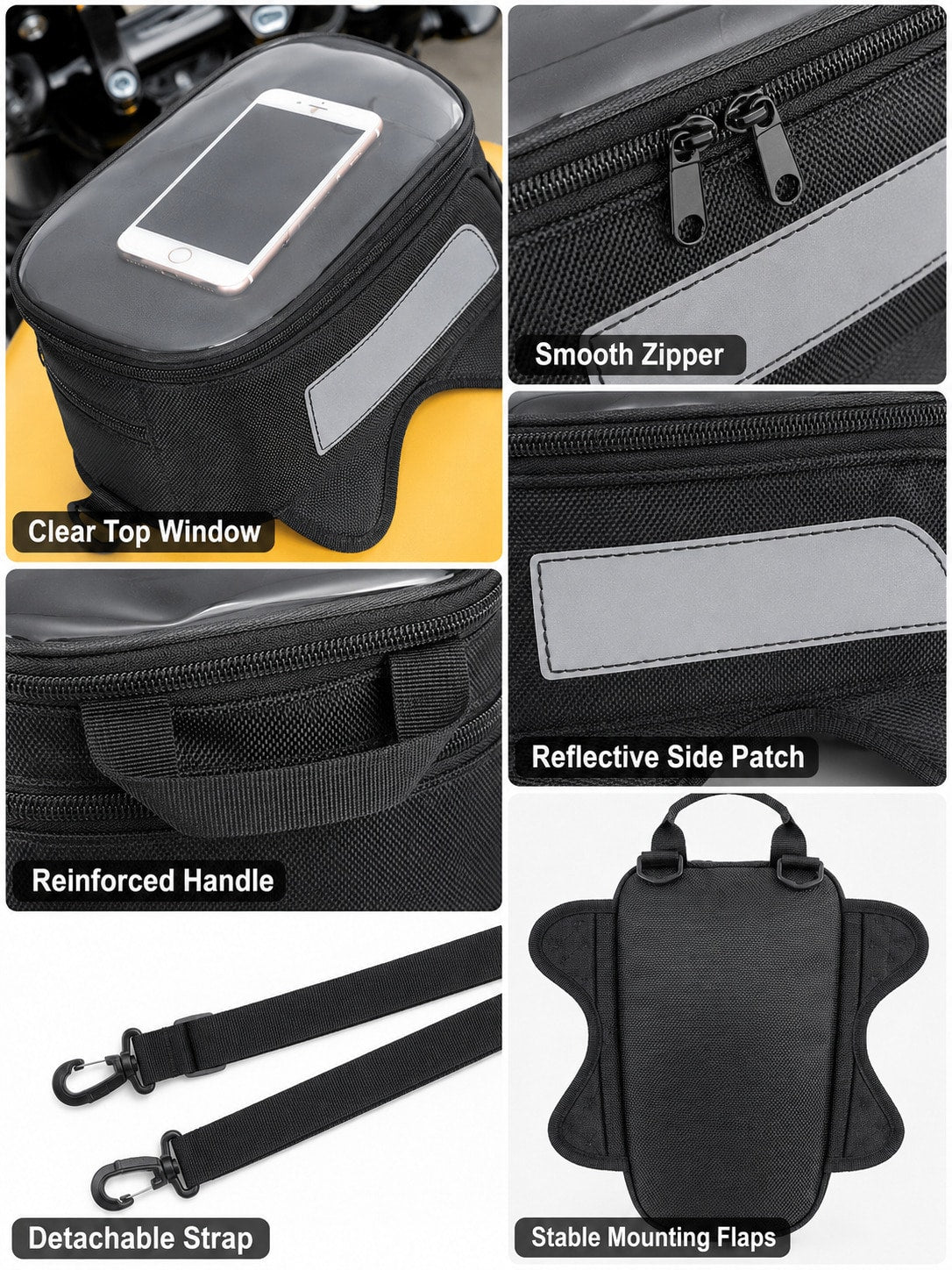 Motorcycle Tank Bag With Touch Screen Phone Pouch, Water Resistant Gas Fuel Oil Tank Bag With Clear Gps Navigation Window & Reflective Strip, Small Convertible Strap Mount Saddle Bag Backpack Shoulder