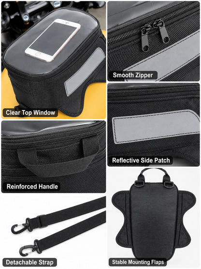 Motorcycle Tank Bag With Touch Screen Phone Pouch, Water Resistant Gas Fuel Oil Tank Bag With Clear Gps Navigation Window & Reflective Strip, Small Convertible Strap Mount Saddle Bag Backpack Shoulder