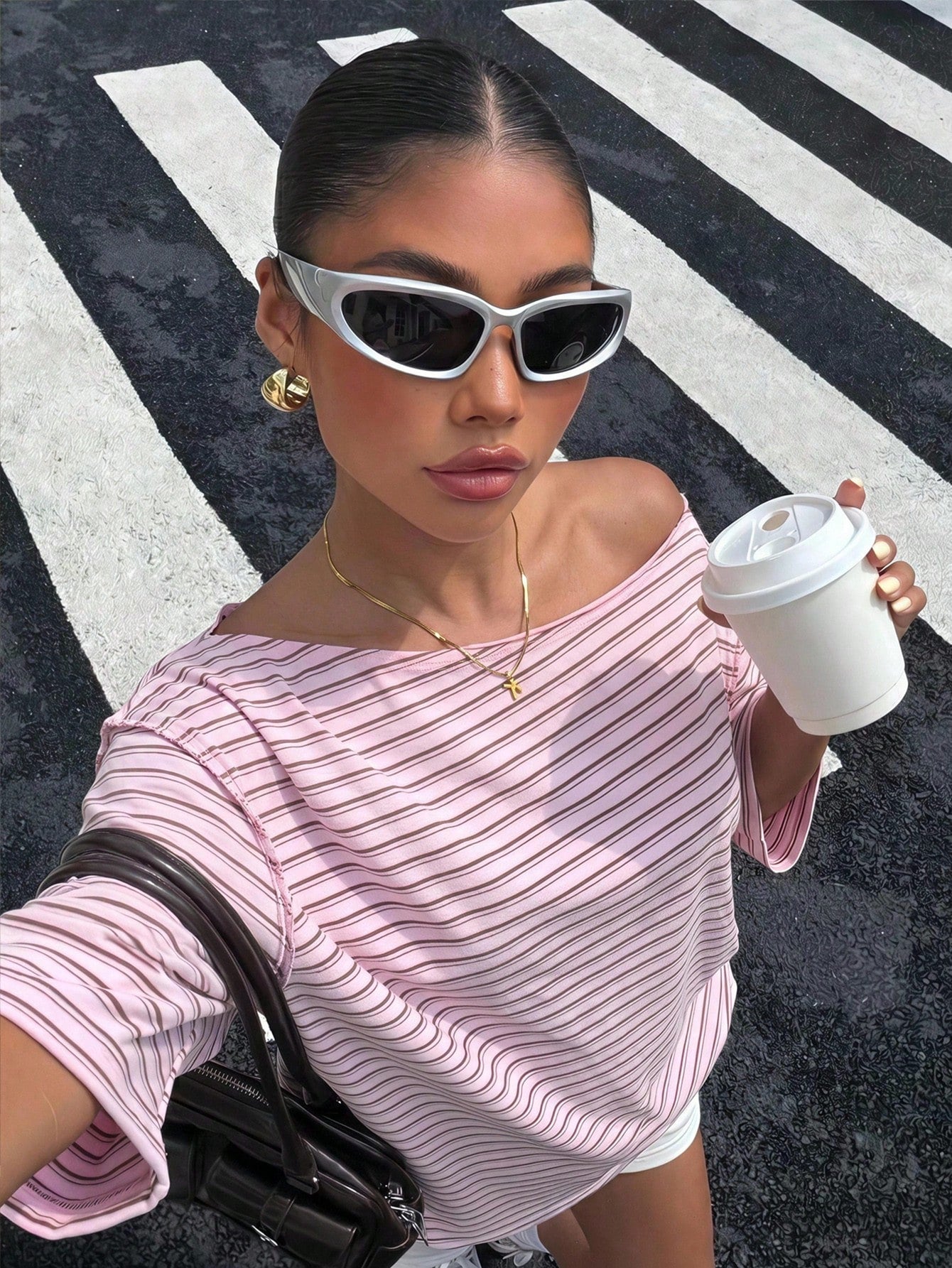 Muchica Casual Minimalist Pink Checkered Striped Print Off-Shoulder Short Sleeve Loose Fit Women's T-Shirt, Autumn Top, Suitable For Daily Commute, Summer
