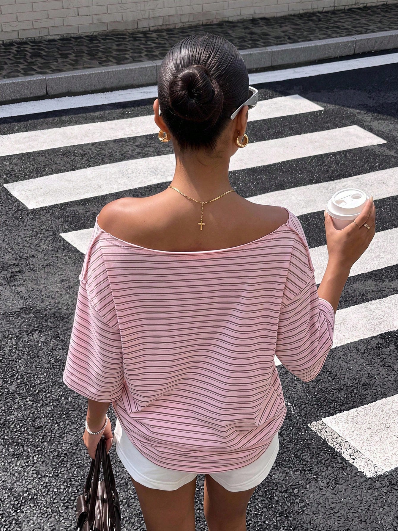 Muchica Casual Minimalist Pink Checkered Striped Print Off-Shoulder Short Sleeve Loose Fit Women's T-Shirt, Autumn Top, Suitable For Daily Commute, Summer