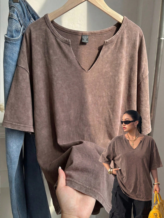 Muchica Plus Size Vintage Chocolate Brown Loose Short Sleeve V-Neck T-Shirt, Cotton Fabric, Spring/Summer