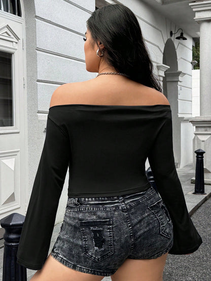 Muchica Plus Size Women's Solid Color Long Sleeve Off Shoulder Casual T-Shirt, Autumn Fall
