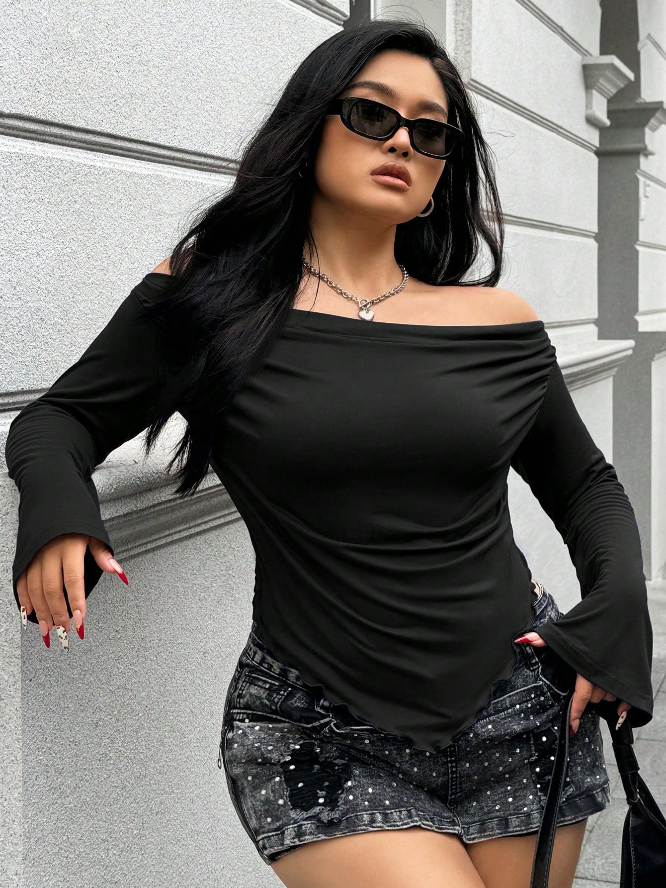 Muchica Plus Size Women's Solid Color Long Sleeve Off Shoulder Casual T-Shirt, Autumn Fall