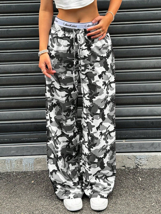 Muchica Women's Casual Camouflage Print Drawstring Waist Wide Leg Pants