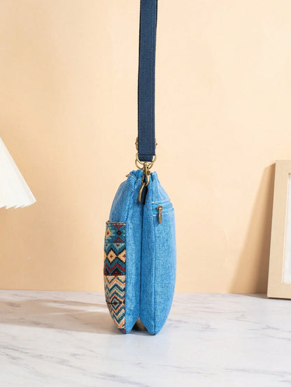 Multi-Compartment Jacquard Crossbody Phone Bag- Bohemian Style, With Adjustable Zipper, Suitable For Women's Bohemian Outfits