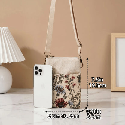 Multi-Compartment Jacquard Crossbody Phone Bag- Bohemian Style, With Adjustable Zipper, Suitable For Women's Bohemian Outfits