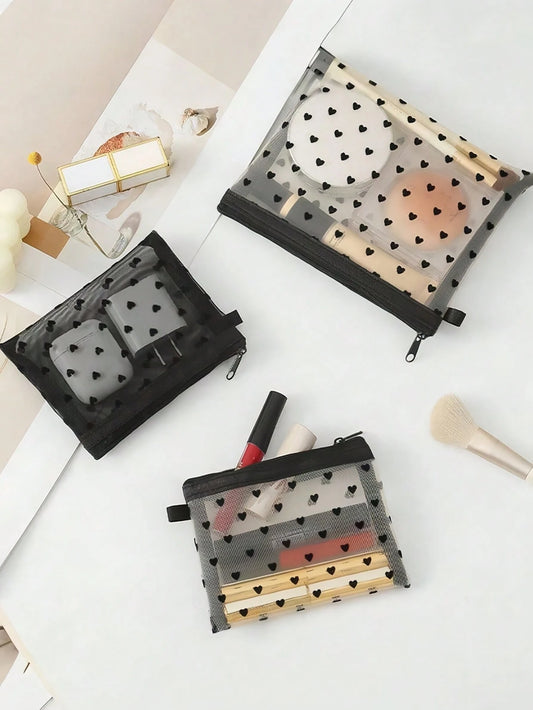 Multifunctional Mini Heart Mesh Design Cosmetic Pouch, Portable Nylon Clear Makeup Bag, Minimalist Zipper Travel Accessory Organizer, Versatile Inner Bag For Coins Jewelry Small Items, Gift For New Se