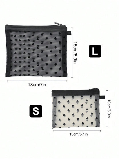 Multifunctional Mini Heart Mesh Design Cosmetic Pouch, Portable Nylon Clear Makeup Bag, Minimalist Zipper Travel Accessory Organizer, Versatile Inner Bag For Coins Jewelry Small Items, Gift For New Se