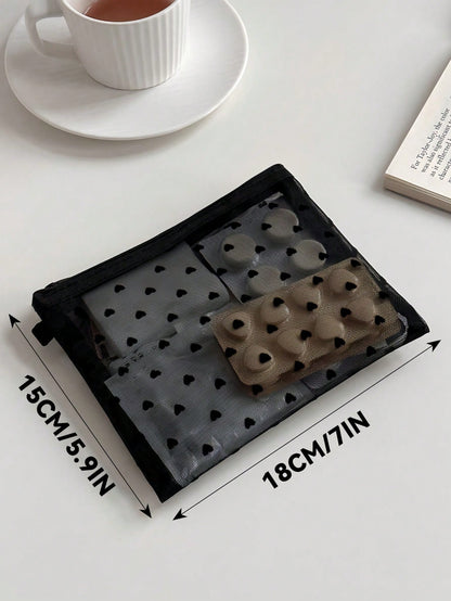 Multifunctional Mini Heart Mesh Design Cosmetic Pouch, Portable Nylon Clear Makeup Bag, Minimalist Zipper Travel Accessory Organizer, Versatile Inner Bag For Coins Jewelry Small Items, Gift For New Se
