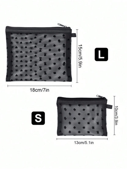 Multifunctional Mini Heart Mesh Design Cosmetic Pouch, Portable Nylon Clear Makeup Bag, Minimalist Zipper Travel Accessory Organizer, Versatile Inner Bag For Coins Jewelry Small Items, Gift For New Se