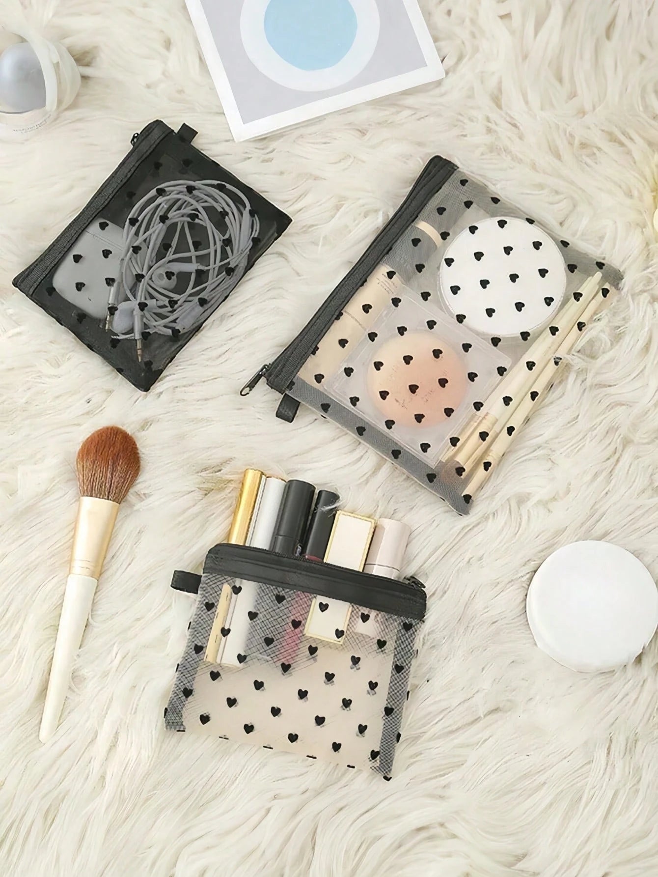 Multifunctional Mini Heart Mesh Design Cosmetic Pouch, Portable Nylon Clear Makeup Bag, Minimalist Zipper Travel Accessory Organizer, Versatile Inner Bag For Coins Jewelry Small Items, Gift For New Se