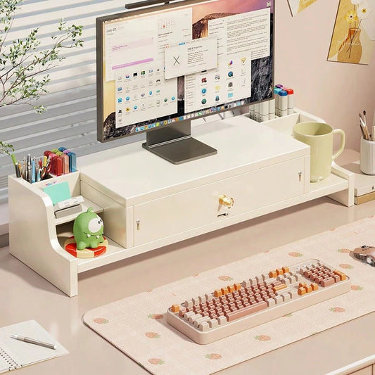 Multifunctional Monitor Stand With Drawer, Desktop Storage Organizer Laptop Riser, Screen Heightening Bracket For Home Office Desk Organization