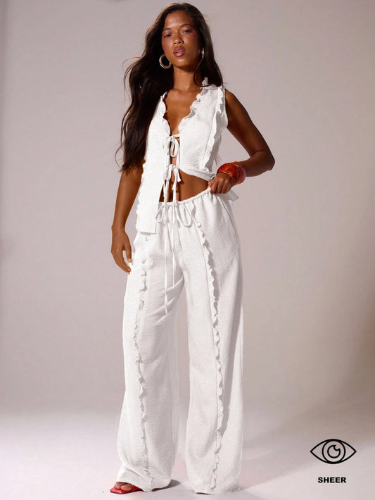 MUSERA Drawstring Waist Linen Look Frill Trim Wide Leg Casual Trousers Holiday Summer Beachwear Casual Elegant Party Vacation