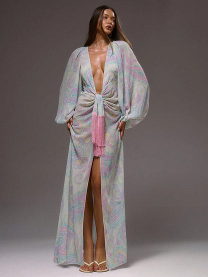 MUSERA Floral Paisley Print Cute Chiffon Relaxed Long Sleeve Light Weight Spring Summer Beach Club Maxi Dress Vacation Wedding Guest Fall Elegant Date