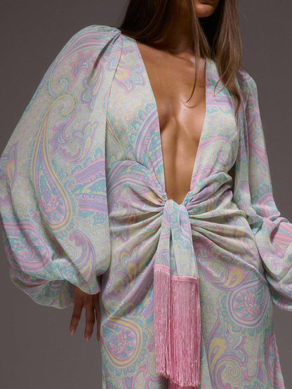 MUSERA Floral Paisley Print Cute Chiffon Relaxed Long Sleeve Light Weight Spring Summer Beach Club Maxi Dress Vacation Wedding Guest Fall Elegant Date