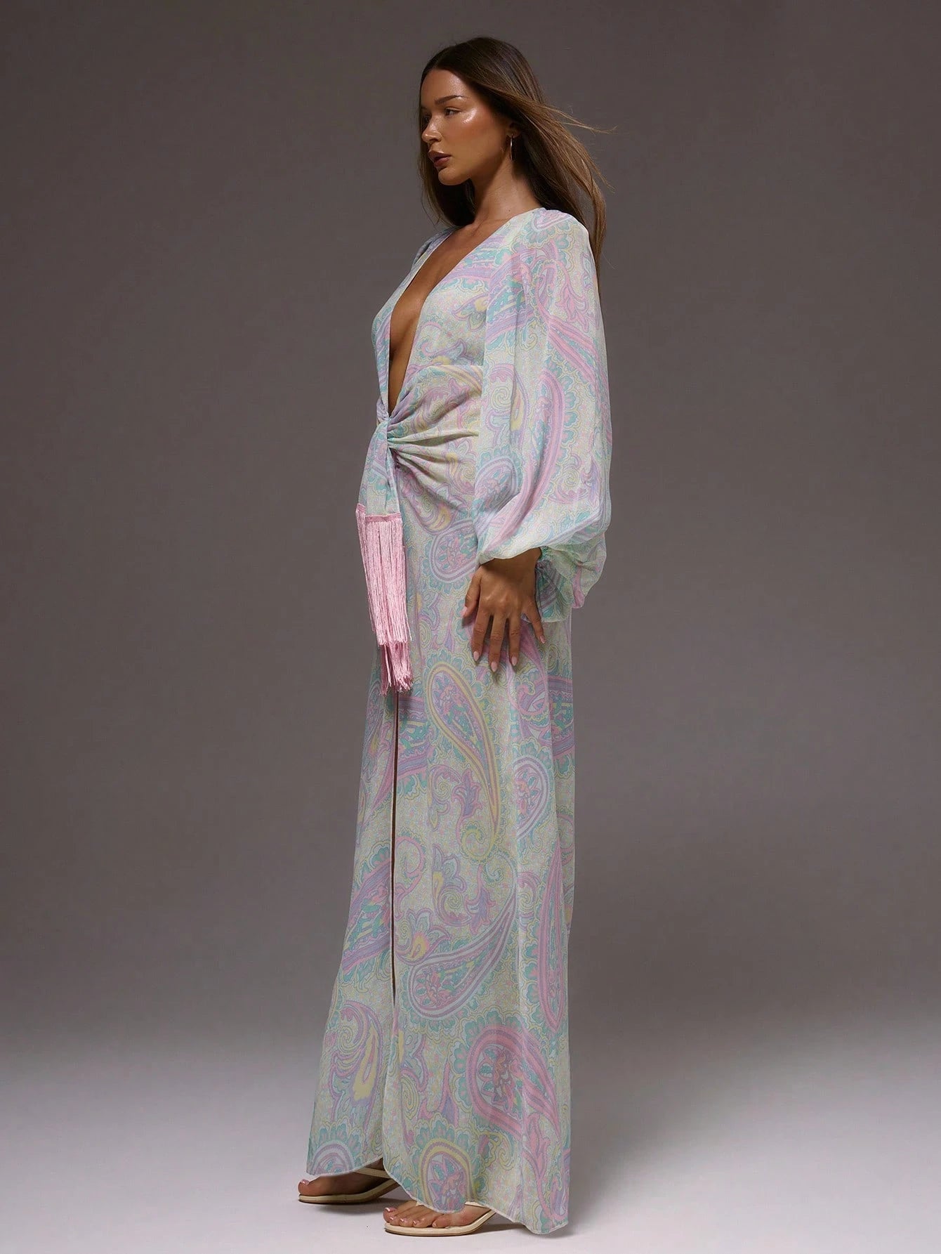 MUSERA Floral Paisley Print Cute Chiffon Relaxed Long Sleeve Light Weight Spring Summer Beach Club Maxi Dress Vacation Wedding Guest Fall Elegant Date