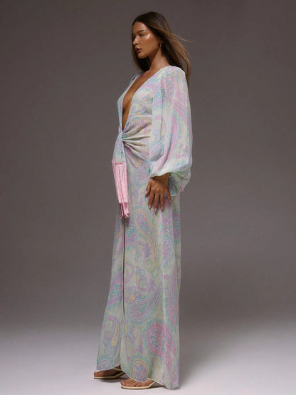 MUSERA Floral Paisley Print Cute Chiffon Relaxed Long Sleeve Light Weight Spring Summer Beach Club Maxi Dress Vacation Wedding Guest Fall Elegant Date