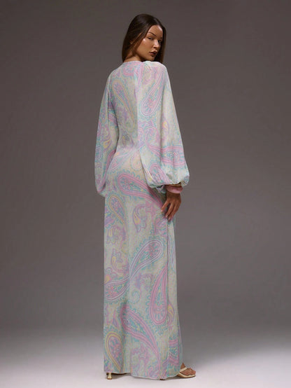 MUSERA Floral Paisley Print Cute Chiffon Relaxed Long Sleeve Light Weight Spring Summer Beach Club Maxi Dress Vacation Wedding Guest Fall Elegant Date